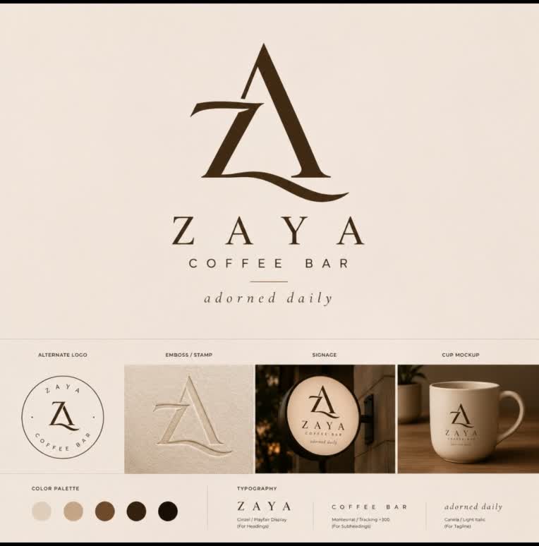 طراحی لوگوی مینیمال و هویت بصری برند ZAYA Coffee Bar طراحی لوگو اختصاصی برند ZAYA با رویکرد مدرن و مینیمال طراحی لوگو و هویت بصری برند کافی‌شاپ ZAYA