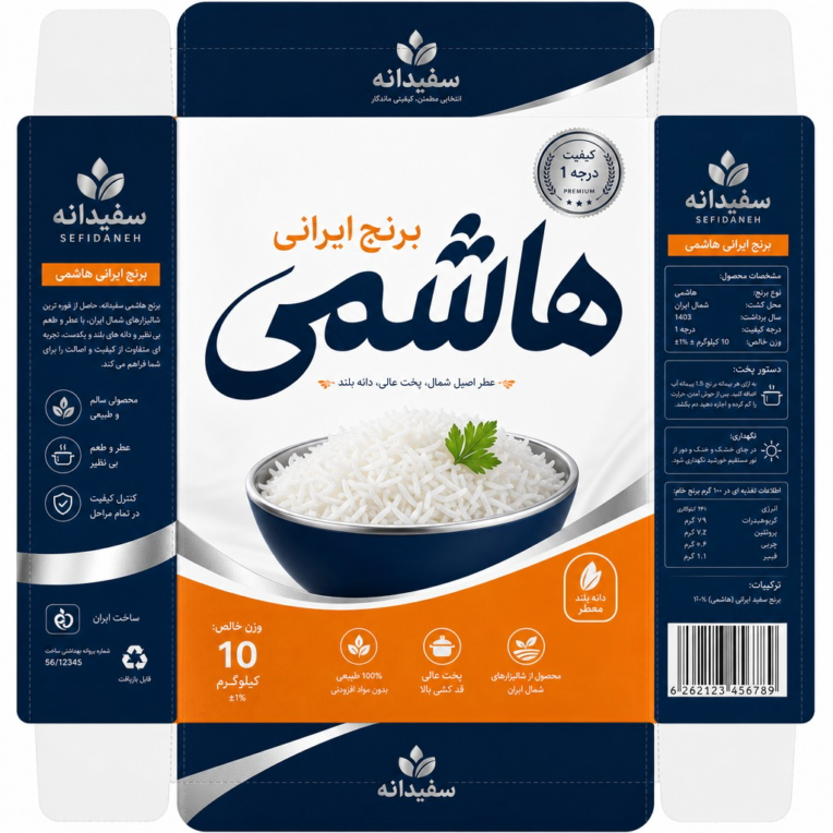 طراحی لیبل و پک محصولات غذایی (برنج، حبوبات، خشکبار)