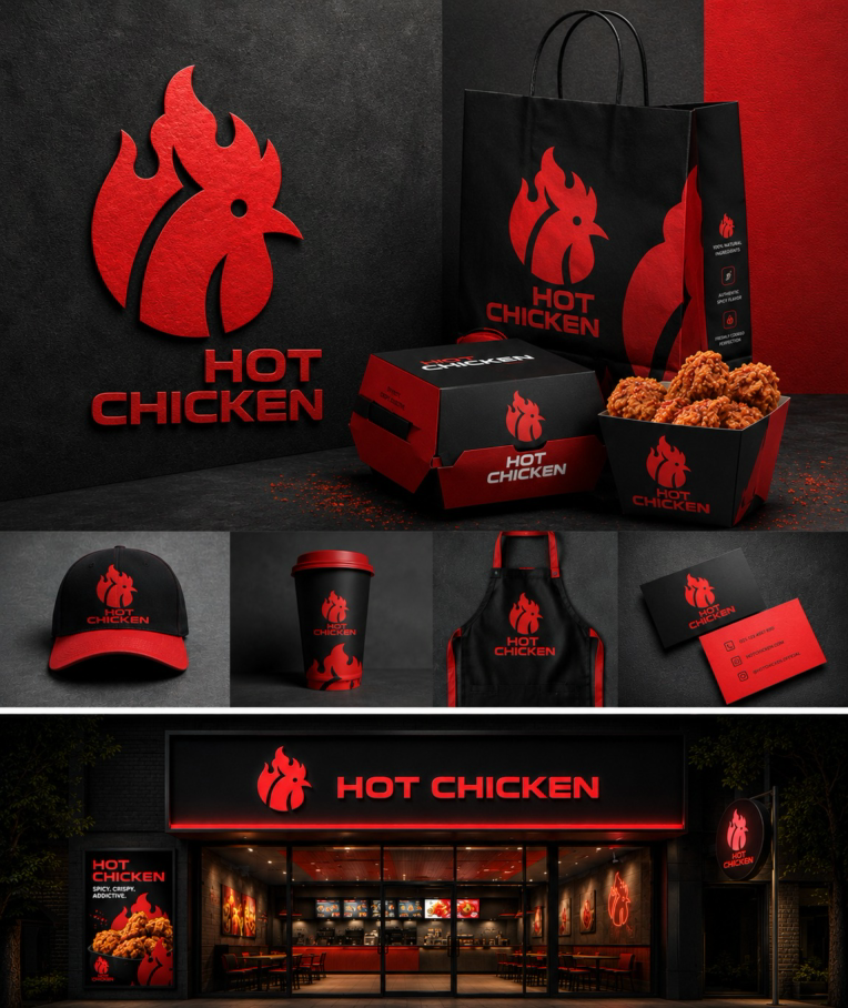 طراحی لوگو فست فود با منو بر پایه مرغ به اسم  HOT CHICKEN