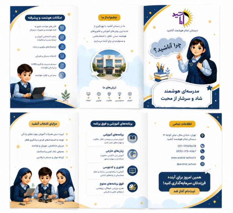یک بروشور سه لتی پشت و رو برای مدرسه  هوشمند
