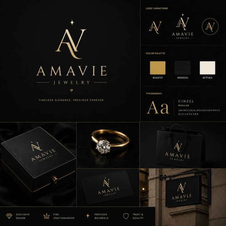 طراحی لوگو لوکس و هویت بصری برند جواهرات AMAVIE | Luxury Branding