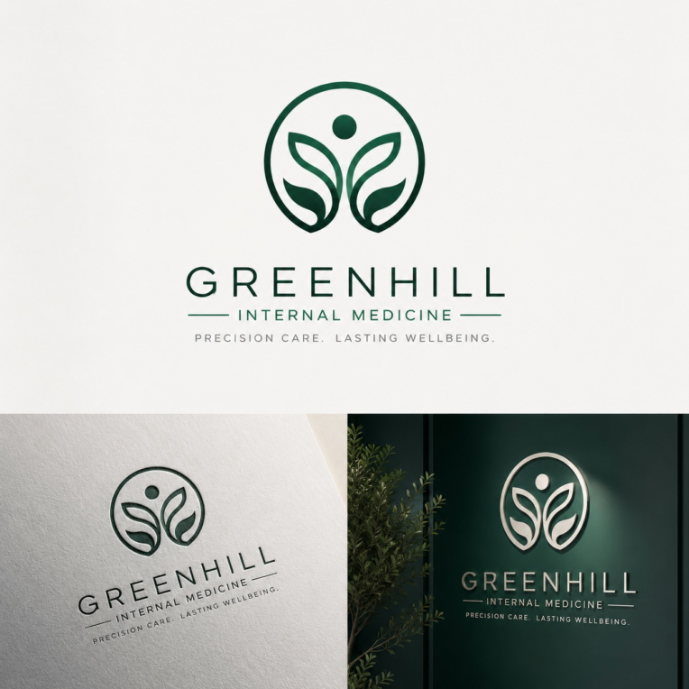 طراحی لوگوی مدرن و مینیمال برای کلینیک یا برند پزشک متخصص داخلی به اسم Green Hill