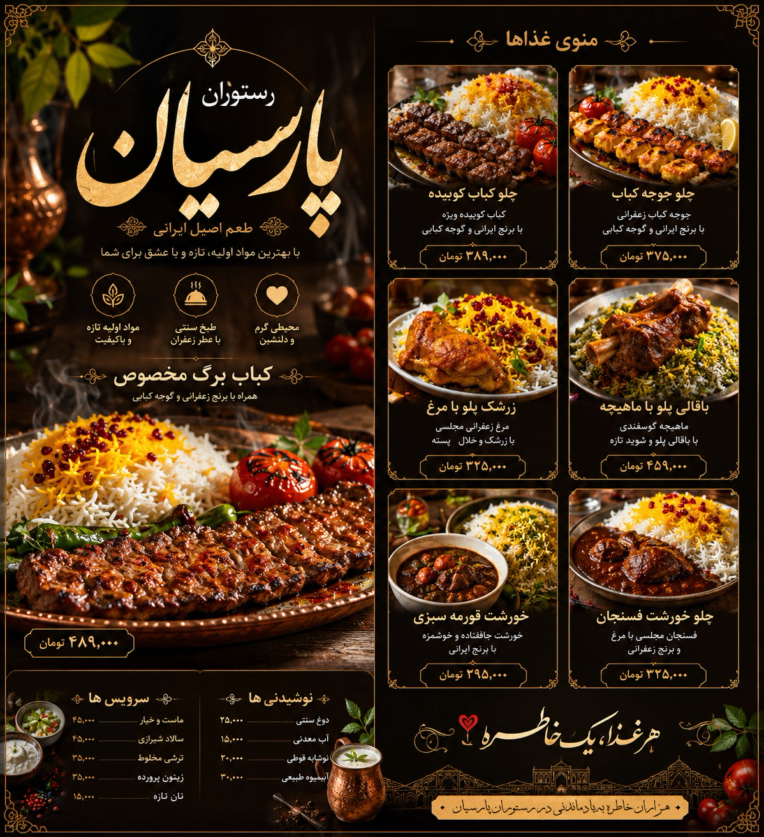 طراحی منو کافه، رستوران، فست فود و خدمات