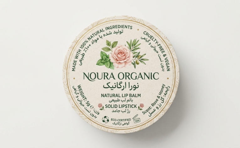 ​طراحی لیبل لوکس و ارگانیک محصولات پوستی (بالم لب و رژ نورا)