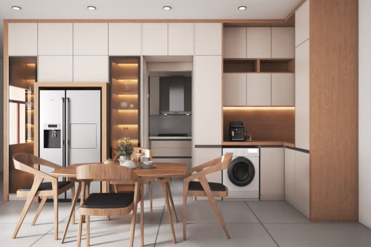 طراحی کابینت به همراه مطبخ به سبک مدرن