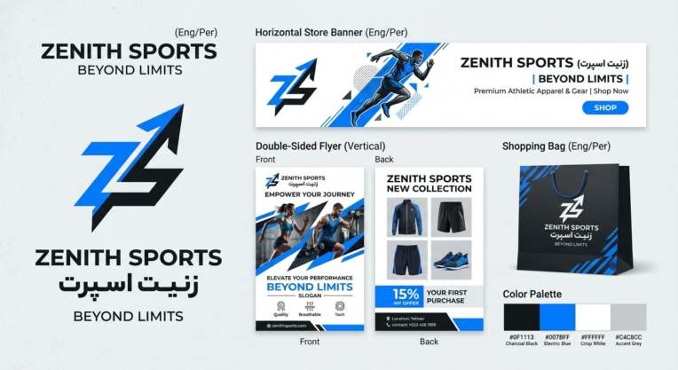 طراحی هویت بصری و ست تبلیغاتی برند ZENITH SPORTS (دو زبانه Eng/Per)