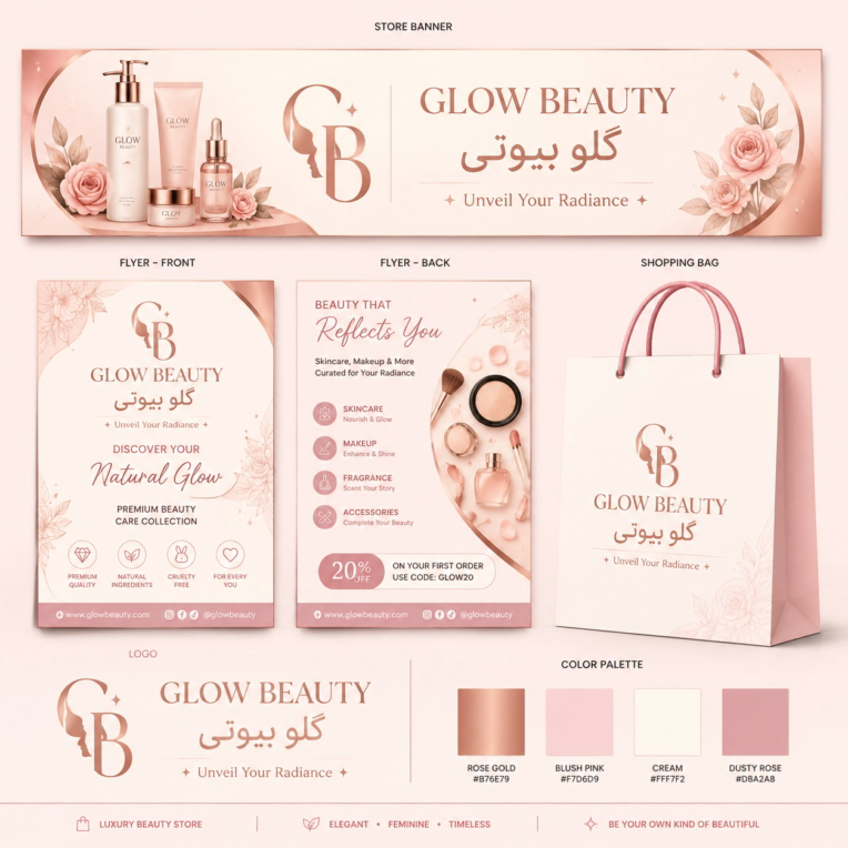 طراحی برندینگ و ست تبلیغاتی GLOW BEAUTY