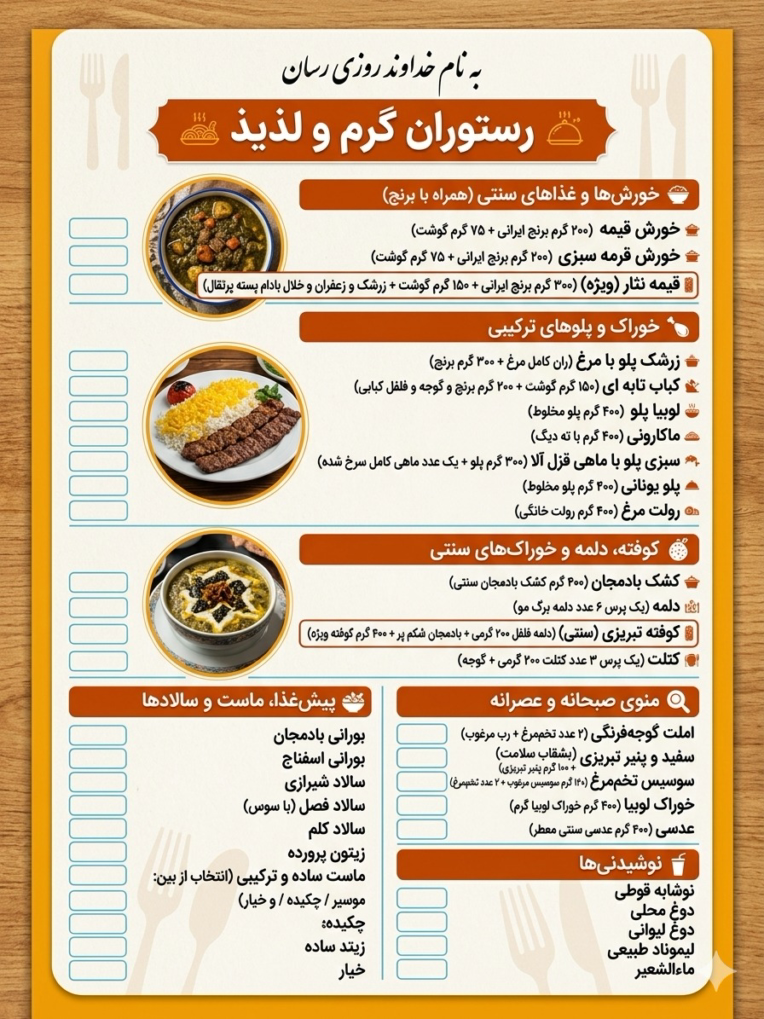 طراحی انواع منوی کافه ها و رستوران ها