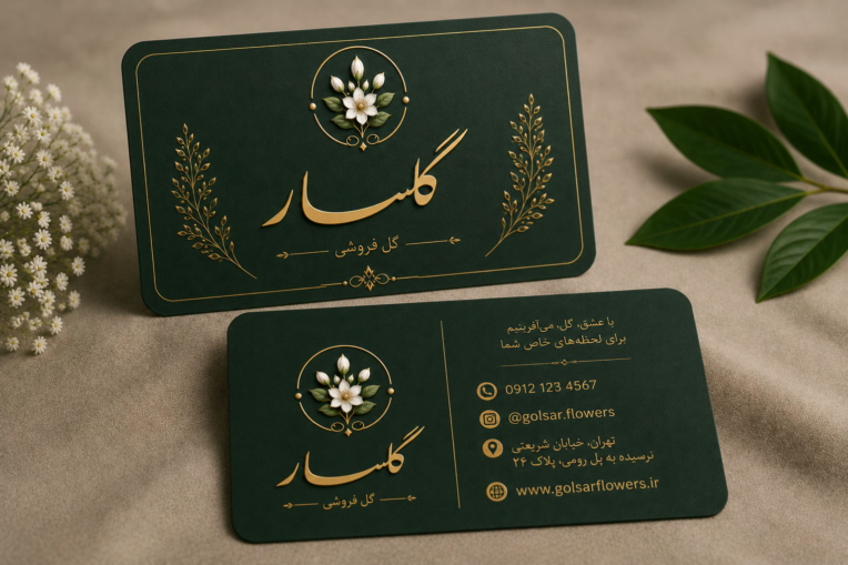 طراحی هویت بصری برند گلسار شامل لوگو، کارت ویزیت و ست برندینگ
