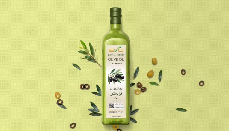 طراحی لیبل بطری روغن زیتون فرابکر – برند Evo