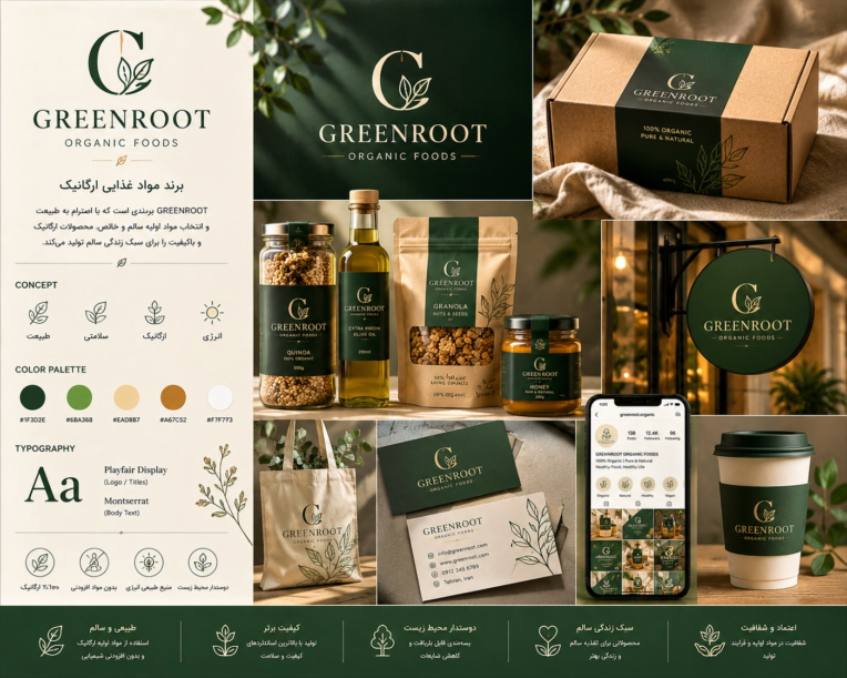 طراحی برندینگ و بسته‌بندی محصولات ارگانیک GREENROOT