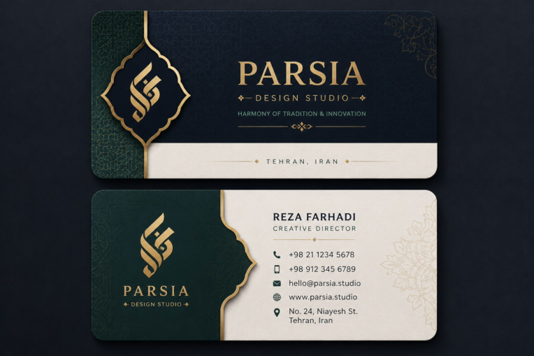 طراحی کارت ویزیت لوکس با هویت بصری ایرانی برای استودیو طراحی پارسیا