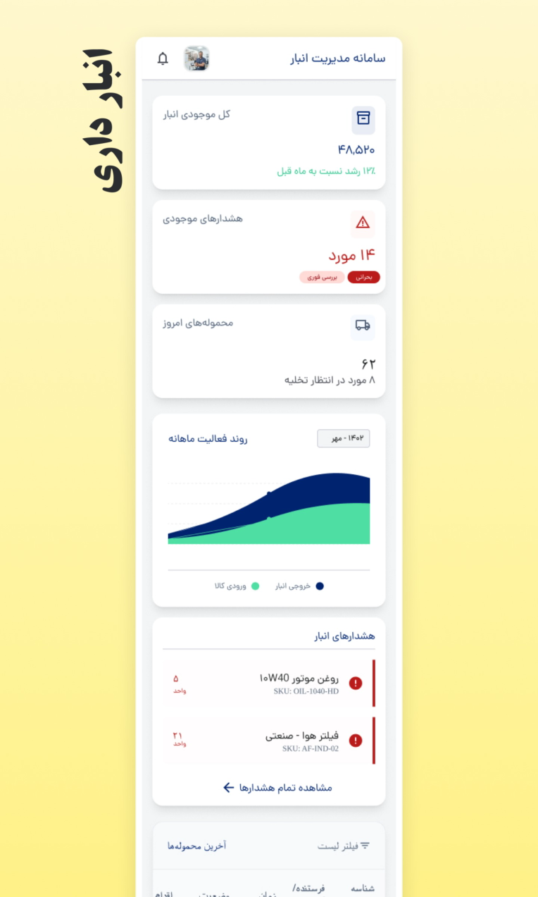 اپلیکیشن موبایل مدیریت انبارداری
