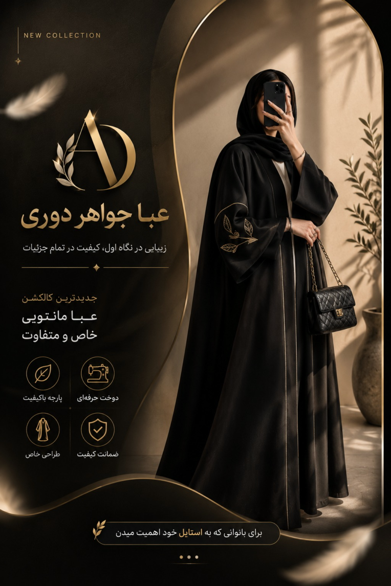 بنر تبلیغاتی فروشگاه عباهای دست‌دوز و نگین‌دوزی