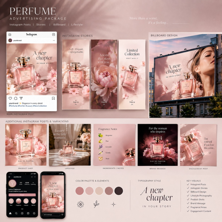 طراحی پکیج تبلیغاتی عطر زنانه برای شبکه‌های اجتماعی