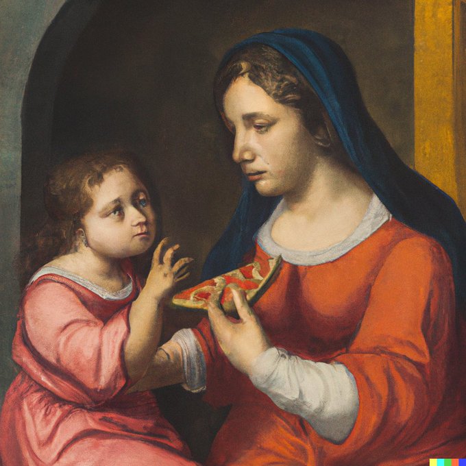 دال-ای 2 - پیتزا خوردن مدونا در کنار یک کودک