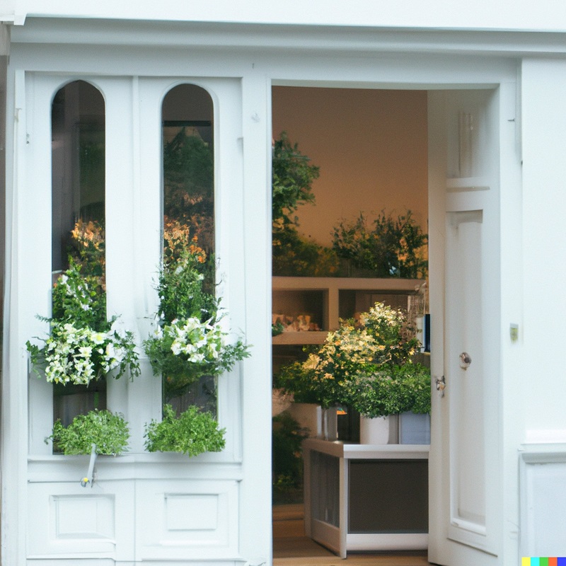 دال-ای 2 - عکسی از یک فروشگاه گل فروشی جذاب با نمای سبز پاستلی و سفید خالص