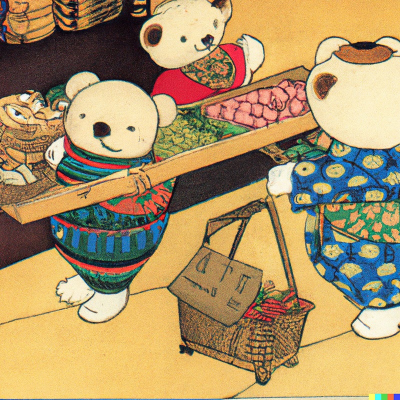 دال-ای 2- خرس‌های عروسکی در حال خرید مواد غذایی به سبک ukiyo-e