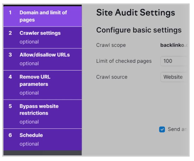 تب های سفارشی سازی ابزار Site Audit